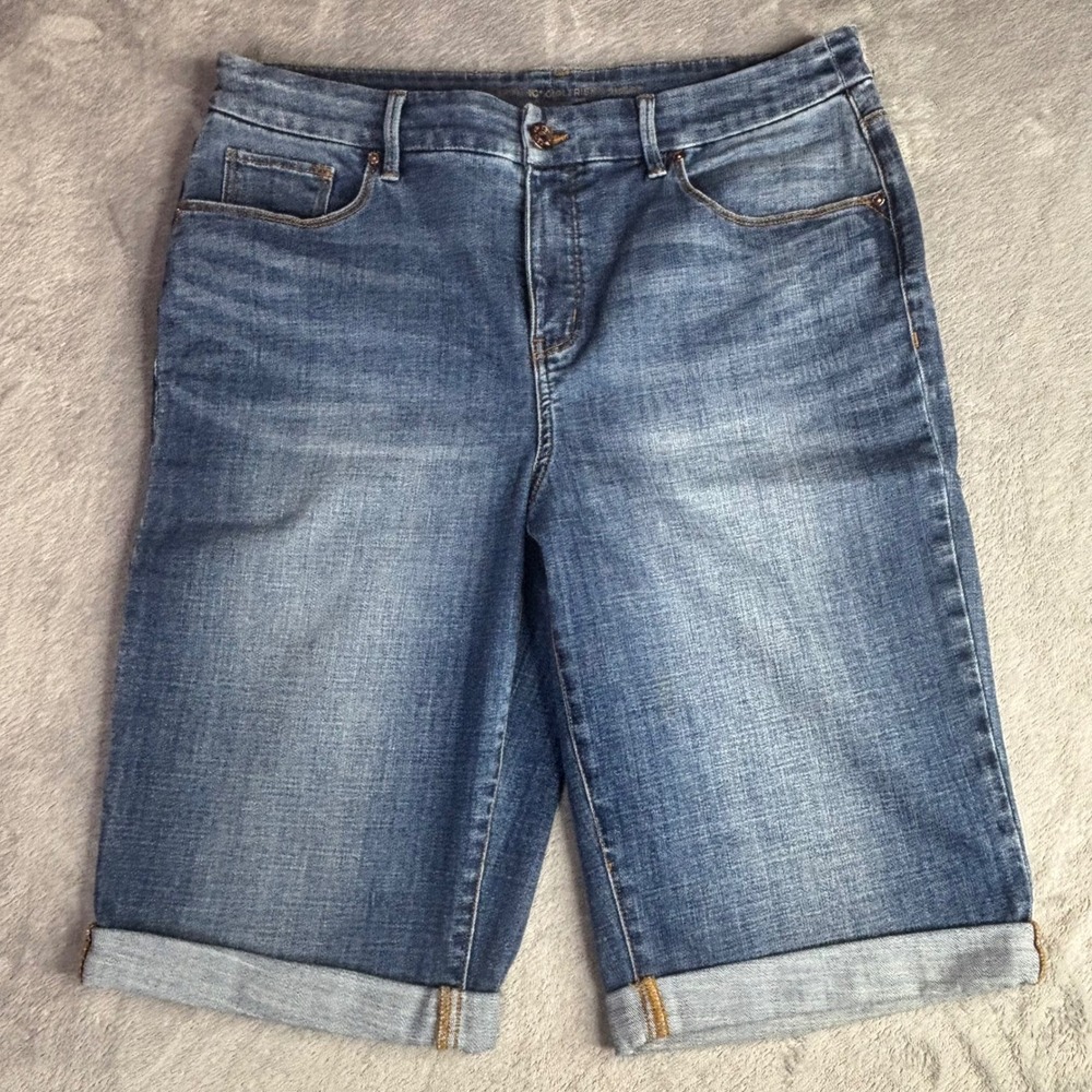 Chico's So Slimming Girlfriend Shorts Women 2 US 12 Blue Denim Cuffed Stretch